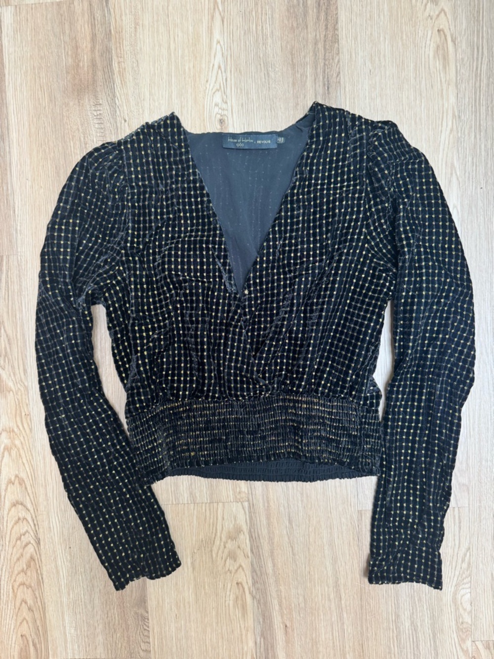 House of Harlow 1960 Black Long Sleeve V-Neck Top with Gold Accents